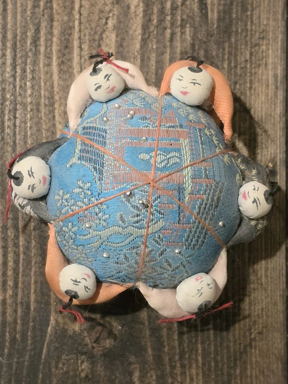 Vtg Chinese Silk Brocade Pin Cushion 6 Lucky Babies Children Dolls Mid Century
